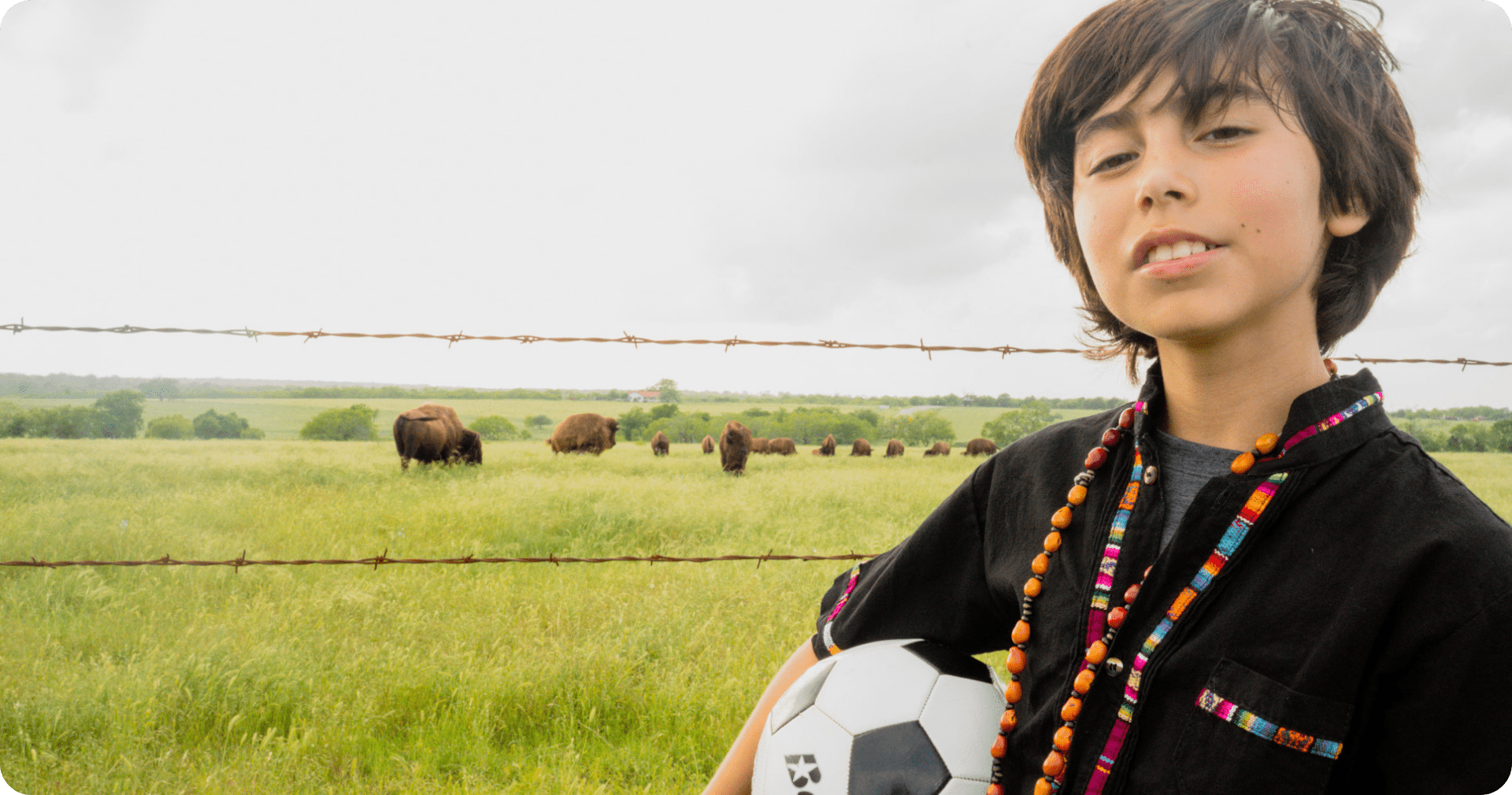 Boy standing in front of a field of buffalo