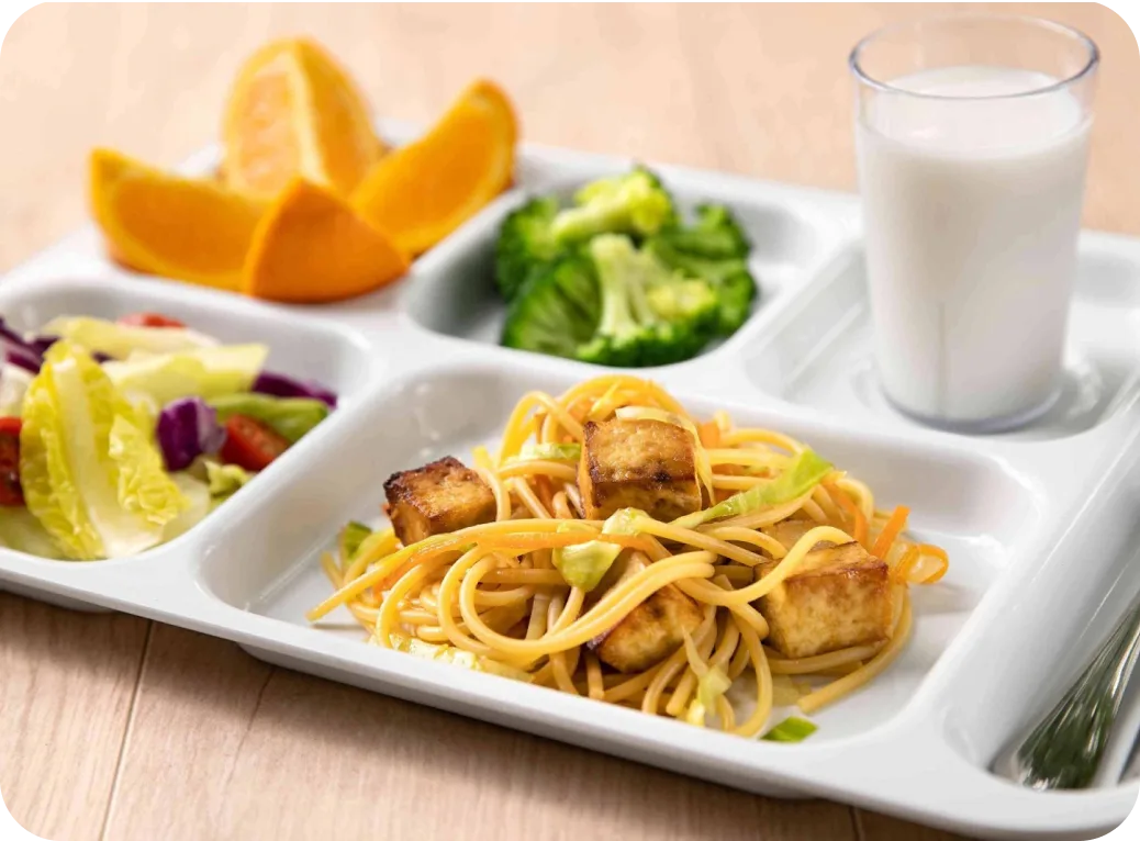 A lunch tray with tofu lo mein, broccoli, oranges, and salad.