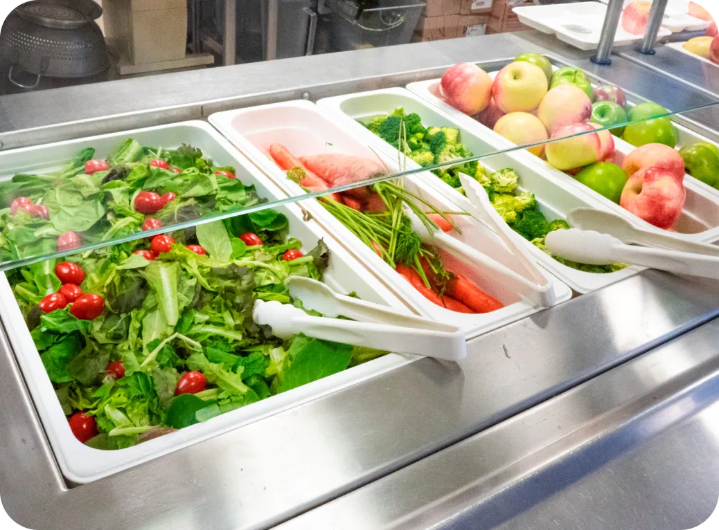 A salad bar featuring salad, carrots, broccoli, and apples.