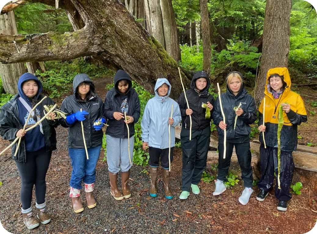 Youth stand in rain gear.