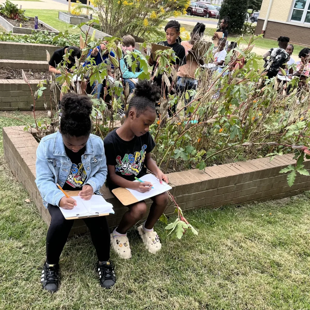 Two students sit on raised beds, drawing