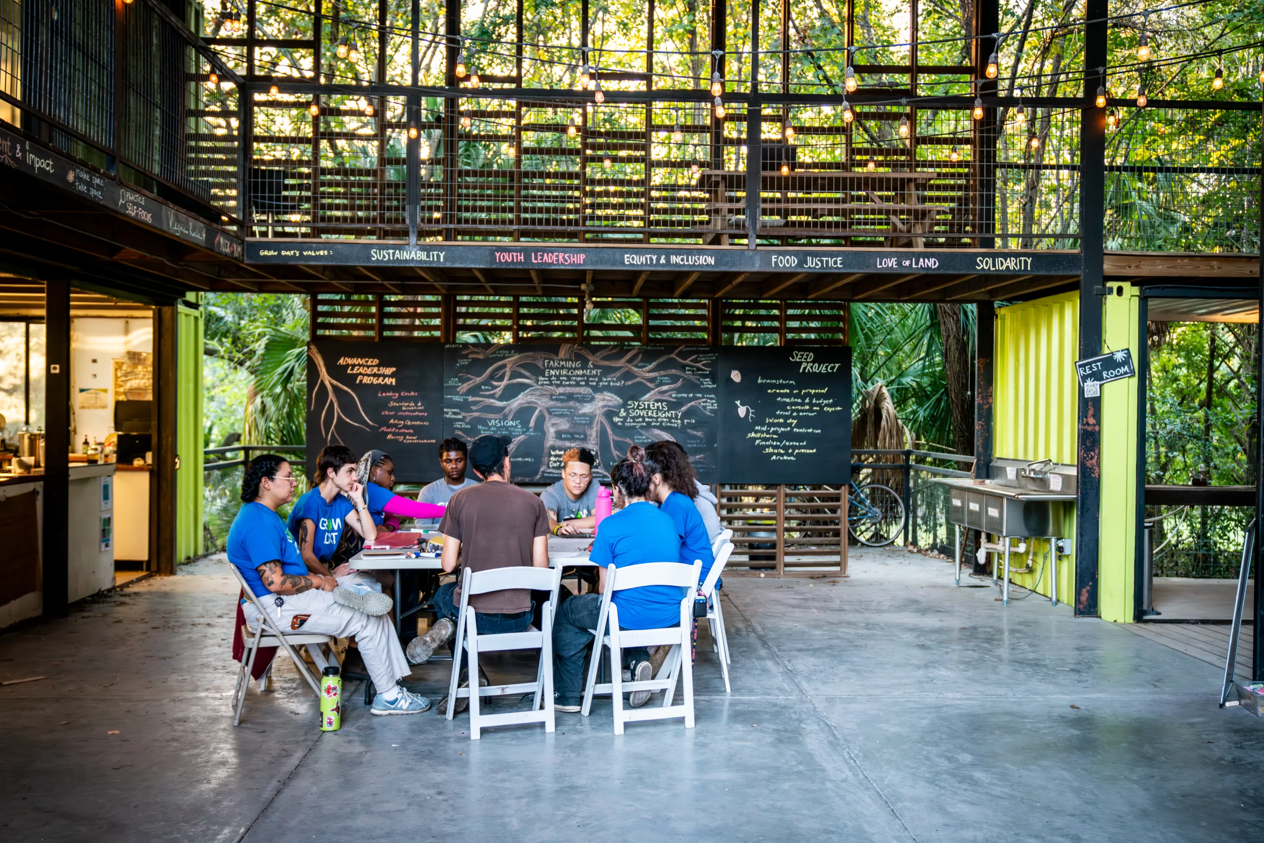 A group of youth sit around a table in an pavilion.