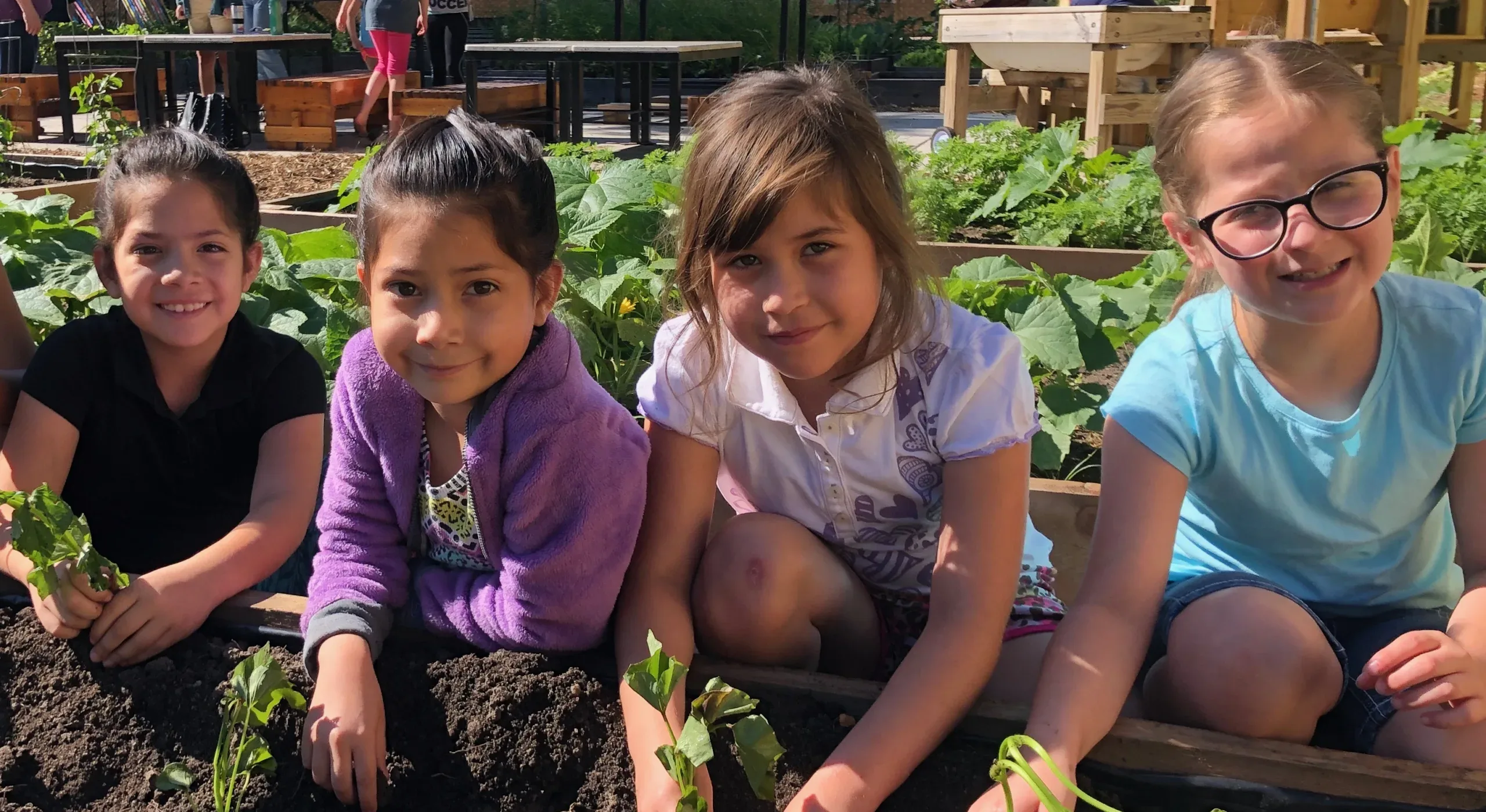 Children smiling at a garden bed